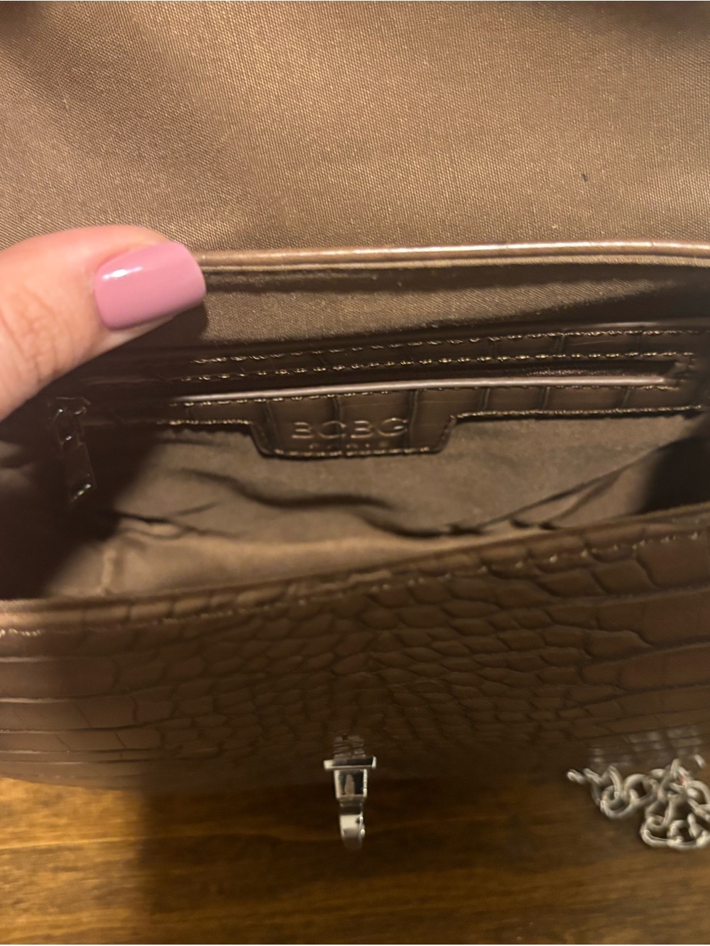 BCBG Brown Croc-Embossed Crossbody with Tassel and Chain - Picture 7 of 8